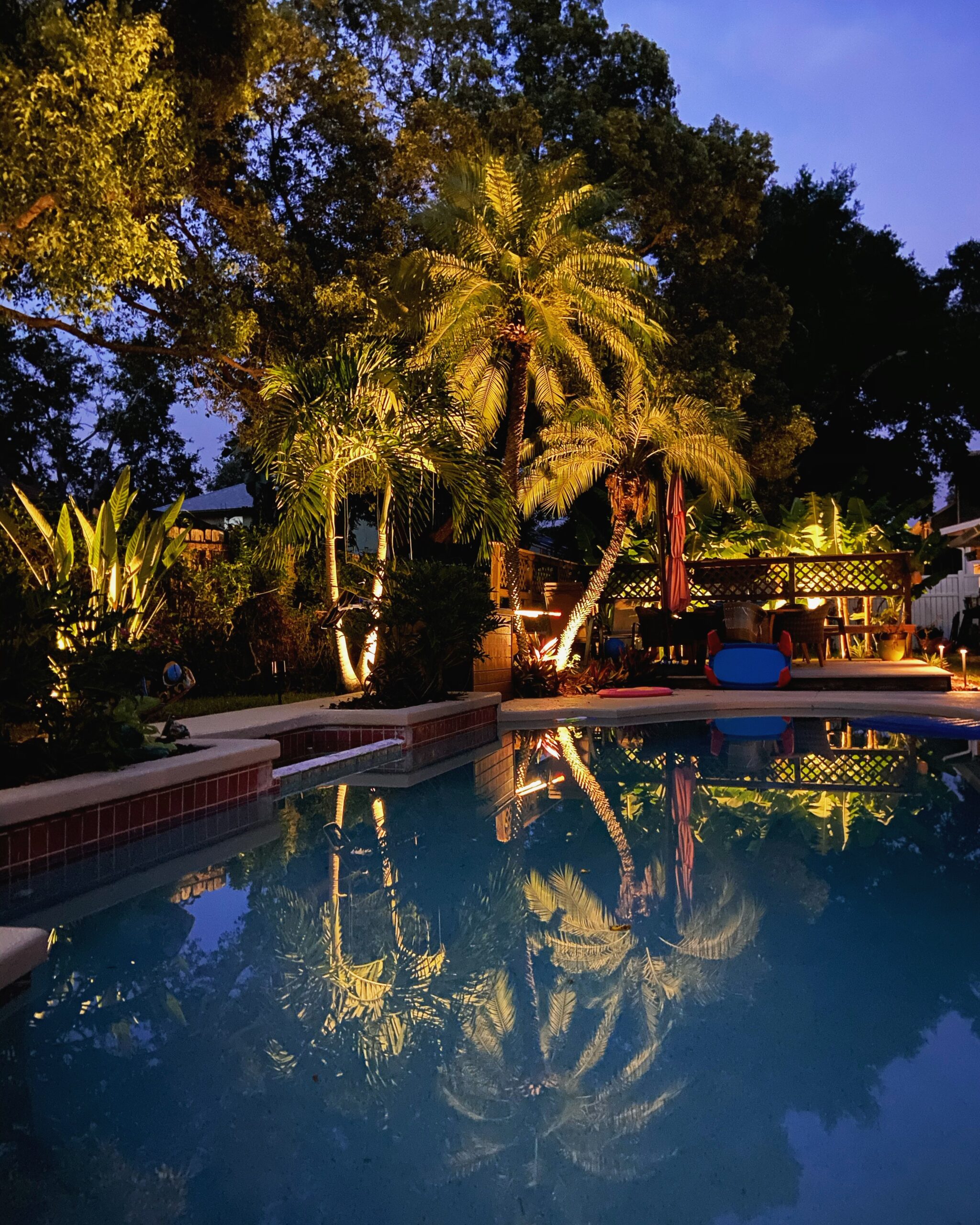 pool with landscape lighting